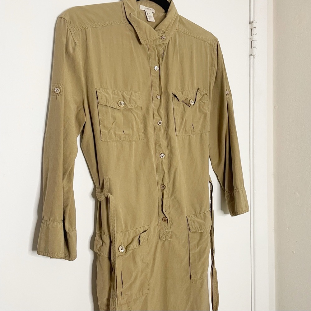 J. Crew khaki silk cotton safari style button down mini dress M belt women’s 8